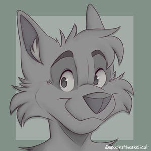 May include: A grey furry animal with a surprised expression. The animal has large eyes, a small nose, and a slightly open mouth. The animal's fur is drawn in a simple style, with no shading or detail.