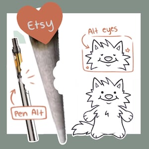 Könnte beinhalten: Illustration mit einem silbernen Vape Pen, einem gerollten Gegenstand und einer Cartoon-Wolf-Figur. Das Bild enthält den Text "Etsy", "Pen Alt" und "Alt eyes". Die Wolfsfigur ist in einem einfachen Cartoon-Stil gezeichnet.