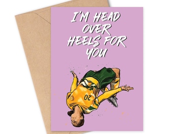 Biglietto d'auguri con scritta "Sam Kerr Head over Heels Soccer" / Calciatrice australiana delle Matilda / Arte per amore, anniversario e San Valentino LGBTQN+.