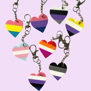 May include: A set of nine heart-shaped keychains with different pride flag designs. The keychains are made of a soft, colorful material and feature a silver metal ring and chain.