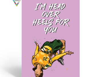 Sam Kerr Head over Heels Soccer Greeting Card | Australian Matilda's Soccer Player | LGBTQ+ Love, Anniversary, Valentine's Day Art.