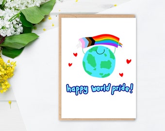 Happy World Pride Greeting Card | Sydney 2023 | Washington DC 2025 | LGBTQIAP+ Empowerment with Progress Pride Flag, trans, poc and rainbow.