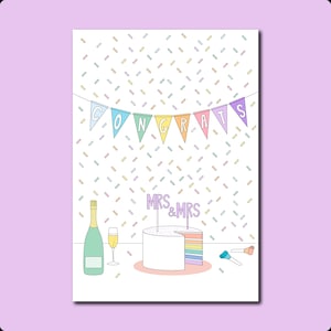 Mrs & Mrs Wedding Rainbow Cake Greeting Card | LGBTQIAP+ Gay Lesbian Trans Bisexual Getting Hitched Congratulations Card