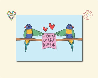 Rainbow Lorikeets Welcome Greeting Card | New Baby | Rainbow Families | Inclusive | Australian designed and handmade