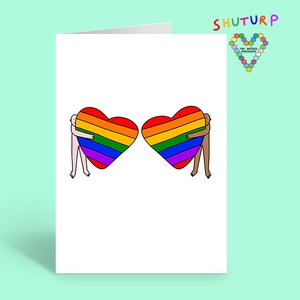 Rainbow Heart Hugs Duo Greeting Card | LGBTQ+ Community unity | People of colour and Caucasian