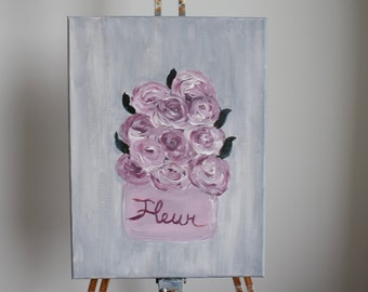 Roses in a Box Acrylic Original Floral Canvas Painting, Romantic Bouquet, Modern Farmhouse, Rustic Style, Flower French Fleur