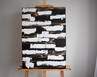 Peinture abstraite or blanc noir : oeuvre d'art acrylique originale (19,6 x 27,5)