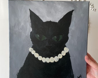 黒猫の絵画、猫アート、猫好きへのギフト、黒の抽象画、キャンバスに
