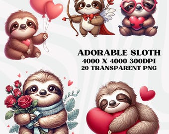 Cute Sloth Clipart, Sloth Valentines Clipart, Sloth PNG Bundle, Sloth Lovers, Valentines PNG Bundle,  Digital File Instant Download