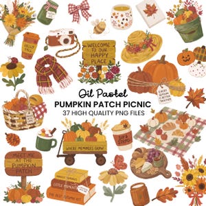 Könnte beinhalten: Eine Sammlung herbstlicher Illustrationen mit Kürbissen, einem Picknickkorb, einem Holzwagen, Herbstblumen, einem Strohhut, einem Schal, Heißgetränken, Büchern und Schildern mit Texten wie Welcome to our happy place und Meet at the pumpkin patch.