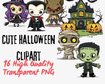 May include: A collection of cute Halloween clipart featuring a witch, vampire, werewolf, mummy, Frankenstein's monster, haunted house, pumpkins, and bats. The text reads "Cute Halloween Clipart" and "16 High Quality Transparent PNG".