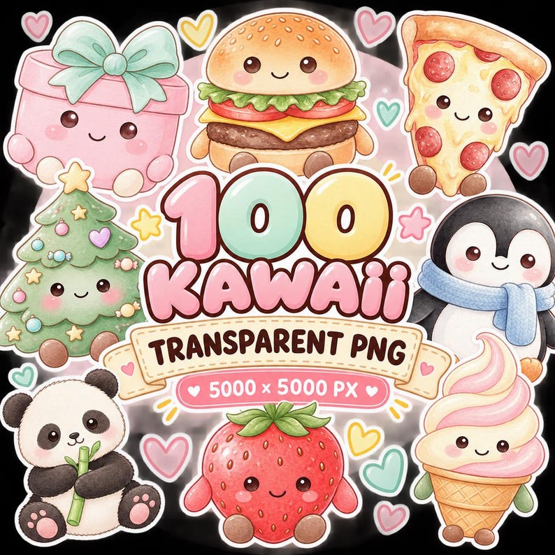 100 Kawaii PNG Clipart Bundle, Cute Animals and Food Illustrations ...
