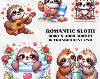 Romantic Sloth Clipart, Sloth Valentines Clipart, Sloth PNG Bundle, Sloth Lovers, Valentines PNG Bundle,  Digital File Instant Download