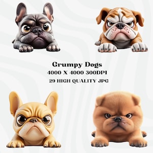 Watercolor Funny Grumpy Dogs, Funny Grumpy Animals Clipart, Digital Download, Commercial Use, Grumpy Animals Clipart, High Quality JPG