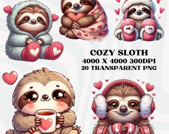 Cozy Sloth Clipart, Sloth Valentines Clipart, Sloth PNG Bundle, Sloth Lovers, Valentines PNG Bundle,  Digital File Instant Download