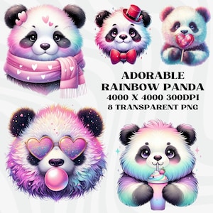 Schattige panda PNG, regenbooggradiënt glitter panda clipartbundel, pandaliefhebbers, sublimatieontwerpen, digitaal bestand direct downloaden