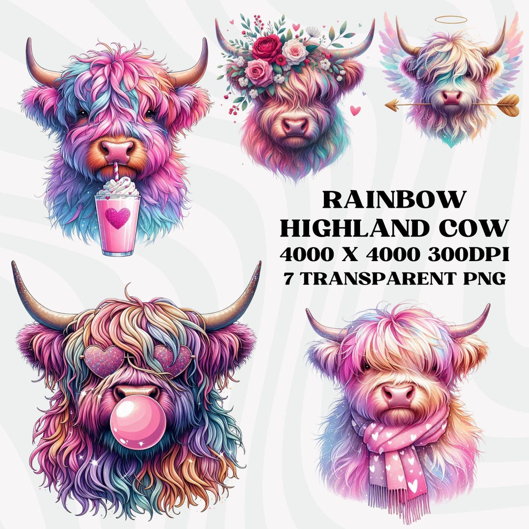Highland Cow PNG, Rainbow Gradient Glitter Highland Cow Clipart Bundle ...