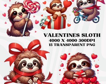 Romantic Sloth Clipart, Sloth Valentines Clipart, Sloth PNG Bundle, Sloth Lovers, Valentines PNG Bundle,  Digital File Instant Download