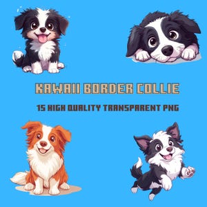 Kawaii Border Collie Clipart, Hunde Clipart Bundle, kommerzielle Nutzung, Hund PNG, digitaler Download PNG, transparente PNG, Cartoon Welpe Digital Art
