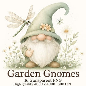 Garden Gnomes Clipart, Whimsical Spring Gnome, Garden Clipart, Watercolor clipart, Commercial Use, Gnome Bundle, Gnomes PNG, Transparent PNG