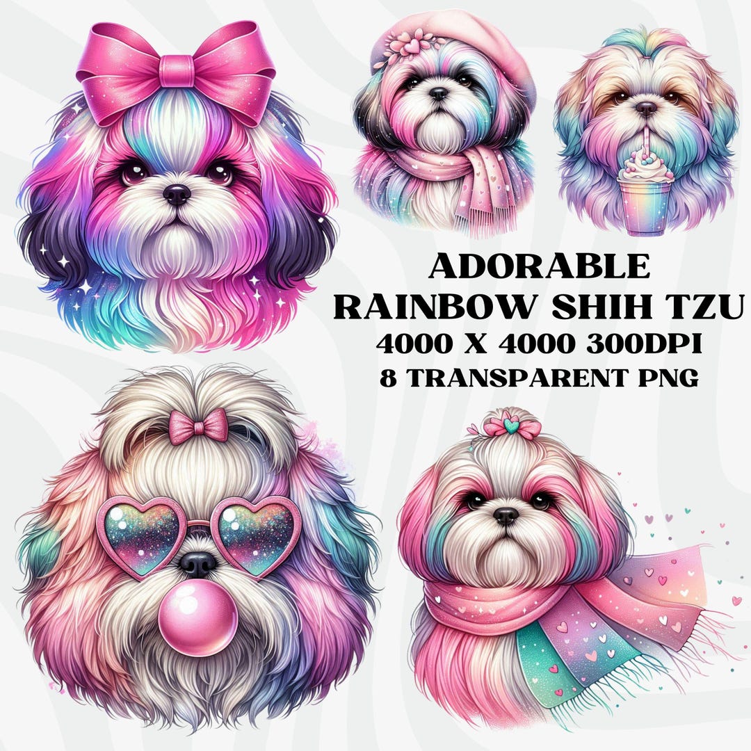 Cute Shih Tzu PNG, Rainbow Gradient Glitter Shih Tzu Clipart Bundle ...