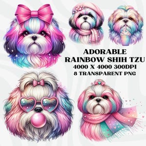 Cute Shih Tzu PNG, Rainbow Gradient Glitter Shih Tzu Clipart Bundle, Amantes de Shih Tzu, Designs de Sublimação, Download Instantâneo de Arquivo Digital