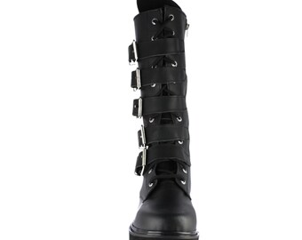 Men's Gothic Punk Leather Knee-high Boots, Five Buckles, Metal