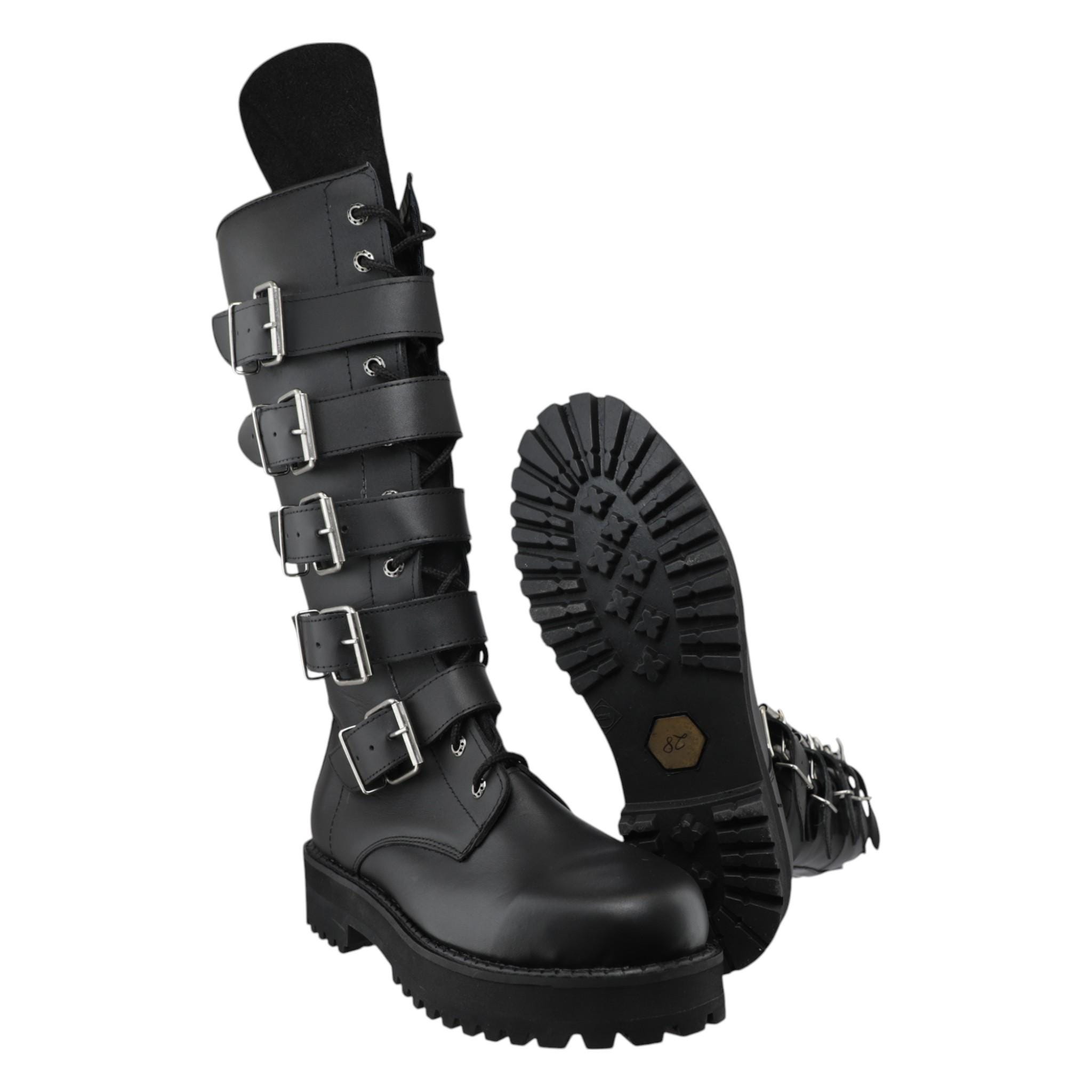靴 Dark Aged Buckle Combat Boots Mens Black Leather Burning Man Goth Buckle Combat Steel Toe Knee