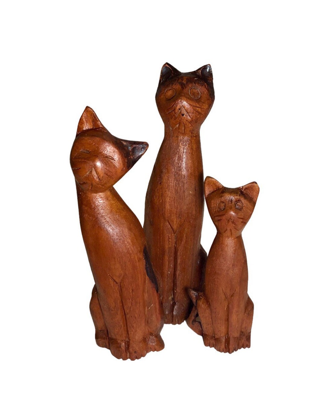Set of 3 Hand Carved Wood Cats Etsy