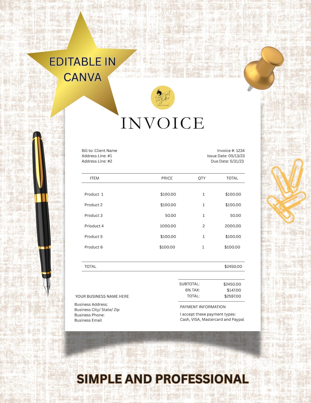 Canva Invoice Template Editable, Small Business Invoice, Printable ...