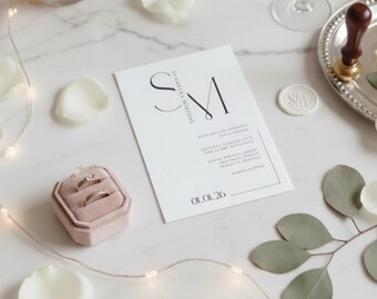 Invitación de boda con logotipo personalizado – Invitación con caligrafía en blanco y negro – Papelería de boda minimalista – Monograma inicial personalizado