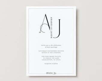 Invitación de boda con logotipo personalizado – Invitación con caligrafía en blanco y negro – Papelería de boda minimalista – Monograma inicial personalizado