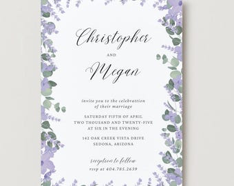Invitación de boda con vegetación floral: diseño de lavanda y eucalipto. Papelería botánica moderna. Invitaciones de boda personalizadas.