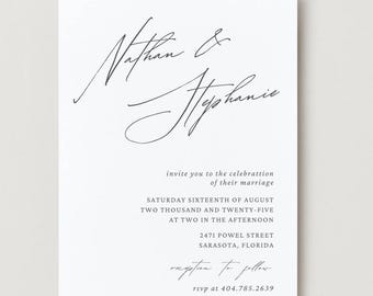 Invitación de boda minimalista – Invitación con caligrafía en blanco y negro – Papelería de boda moderna – Invitación de boda personalizada – Personalizada
