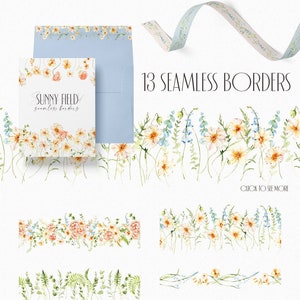 Bordas sem costura em aquarela, flores de campo ensolaradas e bordas de vegetação, composições florais, ideais para cartão, convite. Design de borda floral