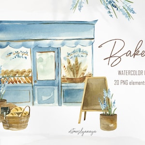 May include: Watercolor illustration of a blue bakery storefront with a sign that says "Bakery Watercolor Clipart 20 PNG elements, 300 dpi". The storefront has a window display of bread and pastries. There are potted lavender plants on either side of the storefront.