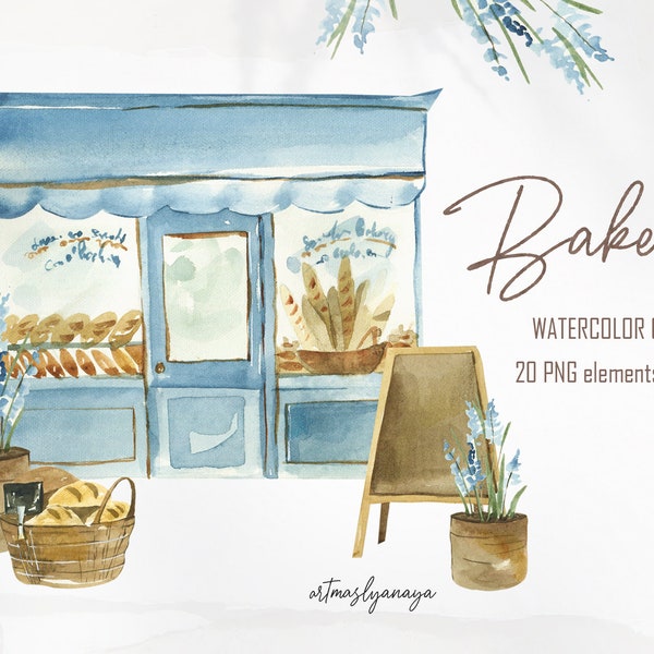 Watercolor clipart Bakery Cafe clipart. Pastry, Confectionery, baking, bread, croissant, macaron for instant download. Retro cozy cafe PNG