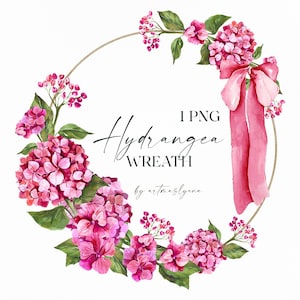 Clipart couronne de fleurs d'hortensia rose. Image numérique aquarelle png, fleurs de printemps, soupir de couronne personnalisée, fleurs en fleurs pour la fête des mères, noeud