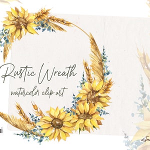 Couronne rustique à l'aquarelle de tournesol, d'herbe de la pampa, de blé et d'herbes. Clipart au format PNG pour téléchargement immédiat. Image rurale peinte de haute qualité