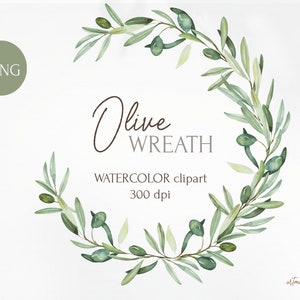 Watercolor Wreath Olives branch. Digital wedding invitation wreath in PNG. Space for your text. Greenery botanical olive leaves clipart.