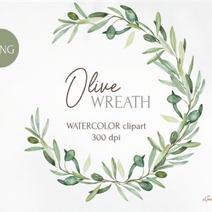 Branche d'oliviers couronne aquarelle. Couronne numérique d'invitation de mariage en PNG. Espace pour votre texte. Clipart de feuilles d'olivier botaniques de verdure.