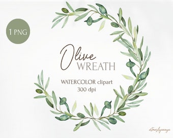 Könnte beinhalten: Aquarell-Clipart eines grünen Olivenzweig-Kranzes. Der Kranz besteht aus Olivenzweigen mit grünen Blättern und kleinen grünen Oliven. Der Text "Olive Wreath" ist in brauner Kursivschrift unter dem Kranz geschrieben. Der Text "WATERCOLOR clipart 300 dpi" ist in Schwarz unter dem Kranz geschrieben.