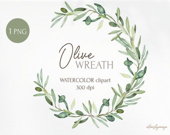 Watercolor Wreath Olives branch. Digital wedding invitation wreath in PNG. Space for your text. Greenery botanical olive leaves clipart.