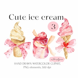 Clipart Coquette ad acquerello, Illustrazione di gelato rosa, Archi estetici, ClipArt per ragazza, Immagini png digitali per il download immediato, Estate png