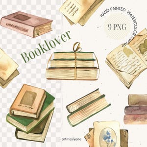 Libros y cartas antiguos pintados a mano. Conjunto de acuarelas para descarga instantánea. Clipart de amantes de los libros. Ilustraciones de lectura. Uso comercial gratuito.