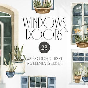 Puede incluir: Conjunto de clipart de acuarela de 23 ventanas y puertas con plantas. Elementos PNG, 300 DPI.