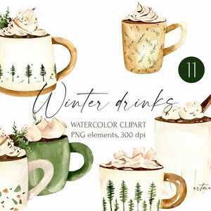 Imágenes prediseñadas de bebidas calientes de invierno en acuarela, tazas de Navidad, tazas de cerámica lindas, imágenes prediseñadas de vacaciones de invierno png. Ilustraciones digitales pintadas a mano.