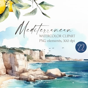 Aquarell Mediterrane Landschaften Clipart. Meereslandschaft, Zitronen, Olivenpflanzen, Strand und Meerblick, Mädchen, Urlaub Reisen Illustrationen png.