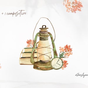 Watercolor Vintage Clipart Collection Hand Painted Books Clocks