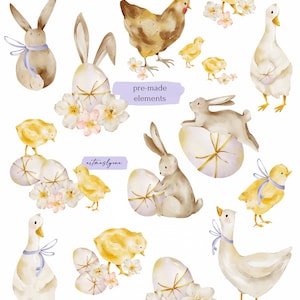 Aquarell Clipart Frohe Ostern, digitale handgemalte Frühlingsillustrationen, Ostertiere, Gans, Kaninchen, Küken, Huhn, niedliche png Bilder